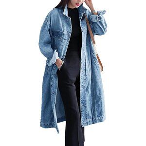 Women Light Blue Jacket Plus Size Loose Long Sleev Button Down Denim Trench Coat